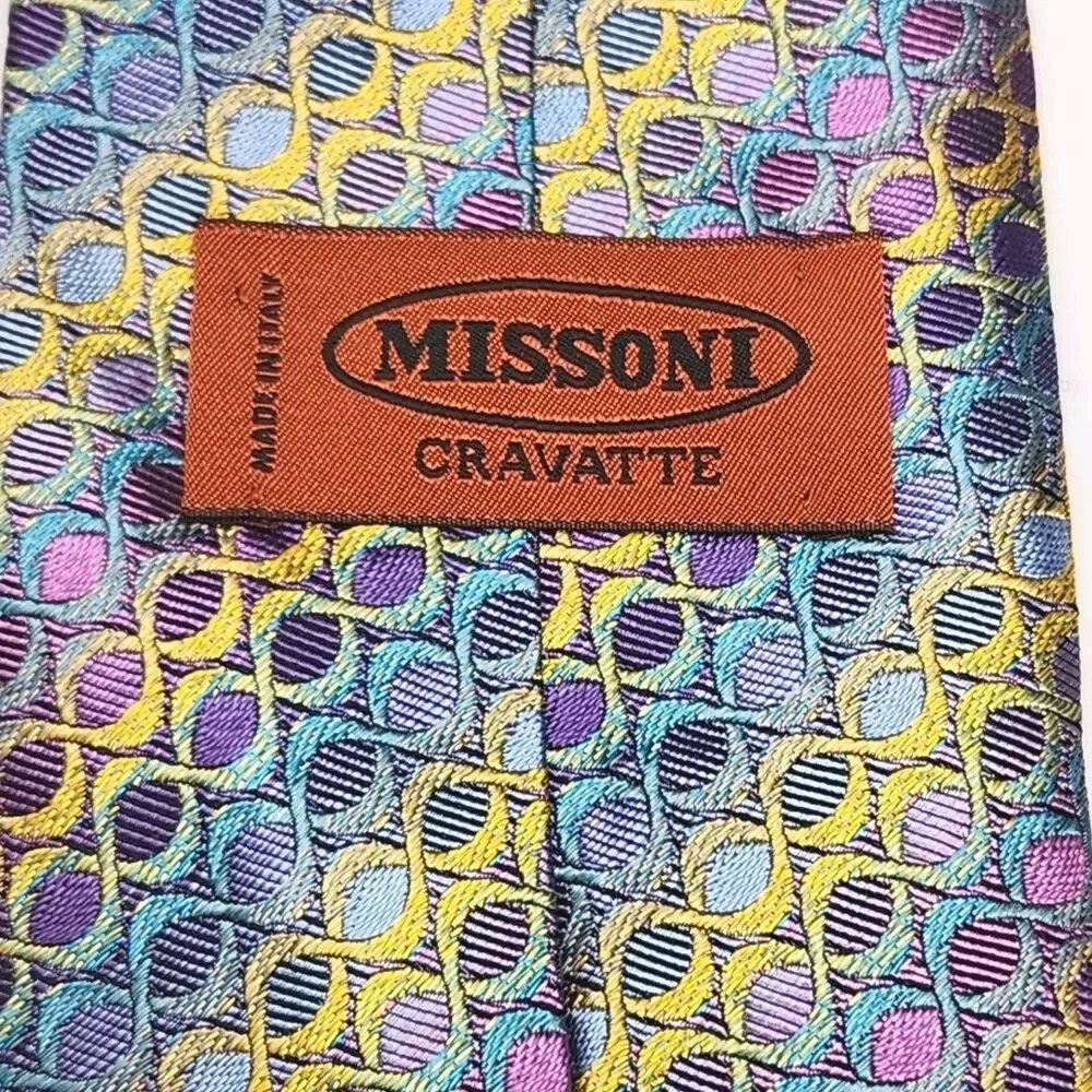 Missoni Cravatte Tie Men's Necktie 100% Silk Blue Purple Geometric Italy